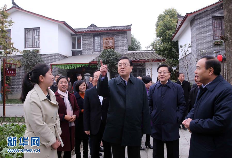 這是11月22日，張德江來(lái)到成都郫縣青杠樹(shù)村，了解村民委員會(huì)工作情況。 新華社記者 劉衛(wèi)兵 攝 