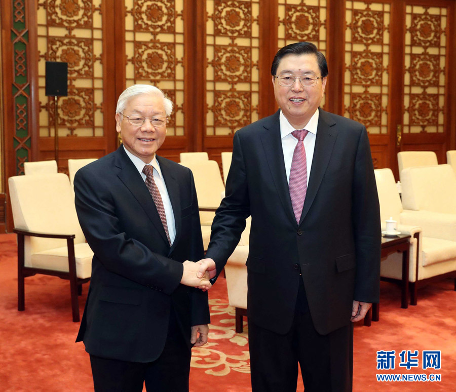1月13日，中共中央政治局常委、全國人大常委會(huì)委員長張德江在北京人民大會(huì)堂會(huì)見越共中央總書記阮富仲。 新華社記者 劉衛(wèi)兵 攝
