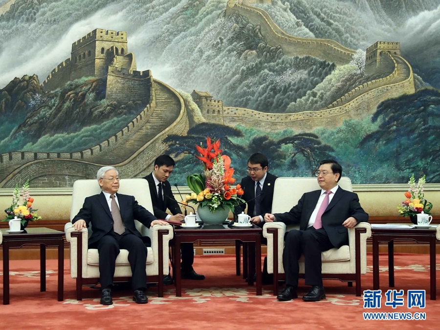 1月13日，中共中央政治局常委、全國人大常委會(huì)委員長張德江在北京人民大會(huì)堂會(huì)見越共中央總書記阮富仲。 新華社記者 劉衛(wèi)兵 攝