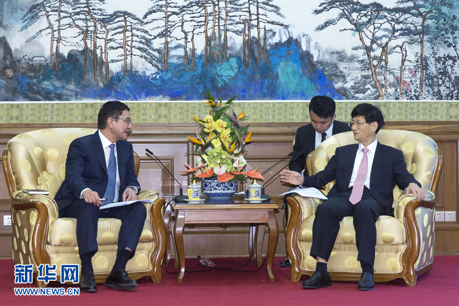 7月19日，中共中央政治局委員、中央政法委書記孟建柱在北京會見烏茲別克斯坦副總理庫奇卡羅夫。 新華社記者崔新鈺攝