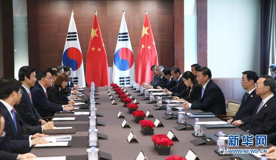 7月4日，國家主席習(xí)近平在首爾會(huì)見韓國總理鄭烘原。 新華社記者謝環(huán)馳攝 