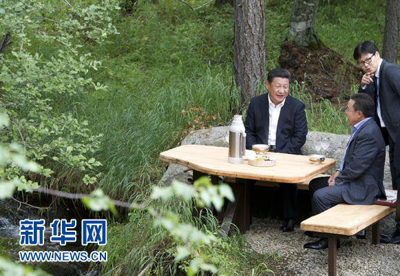 8月22日，國家主席習近平同蒙古國總統(tǒng)額勒貝格道爾吉在烏蘭巴托市郊的總統(tǒng)官邸再次會晤。這是習近平同額勒貝格道爾吉會晤后在溪畔飲茶。新華社記者 黃敬文 攝