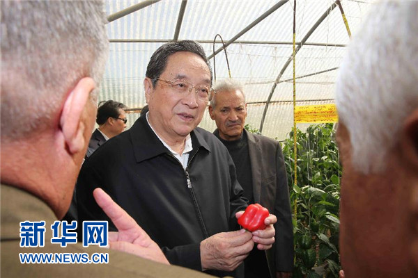 11月8日，正在約旦進(jìn)行正式友好訪(fǎng)問(wèn)的全國(guó)政協(xié)主席俞正聲在約旦河谷參觀碩果農(nóng)業(yè)合作社。 新華社記者 劉衛(wèi)兵 攝 
