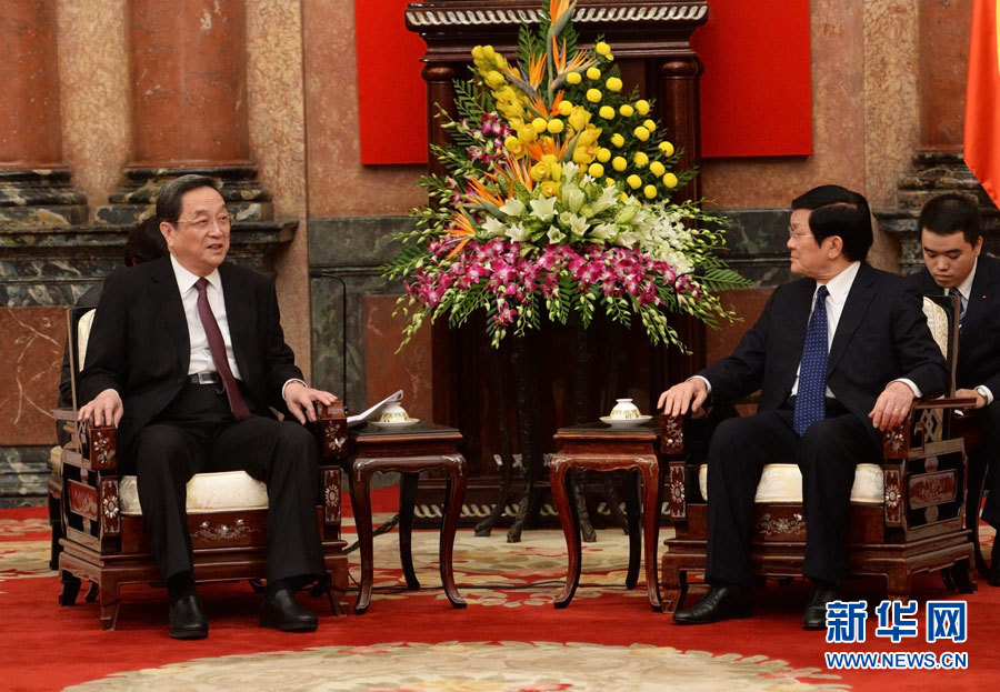 12月25日至27日，中共中央政治局常委、全國政協(xié)主席俞正聲對(duì)越南進(jìn)行正式訪問。這是12月26日，俞正聲在河內(nèi)會(huì)見越南國家主席張晉創(chuàng)。 新華社記者劉建生攝