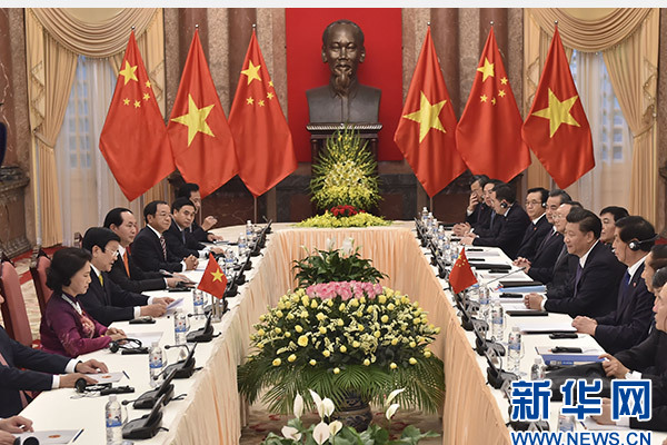 11月6日，中共中央總書記、國家主席習(xí)近平在河內(nèi)同越南國家主席張晉創(chuàng)舉行會談。 新華社記者李濤攝