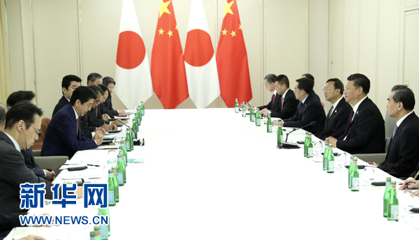 7月8日，國家主席習近平應約在漢堡會見日本首相安倍晉三。新華社記者 馬占成 攝