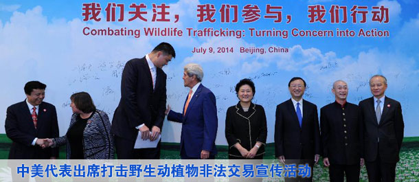 劉延?xùn)|、楊潔篪同美國國務(wù)卿克里共同出席中美打擊野生動植物非法交易宣傳活動（圖）